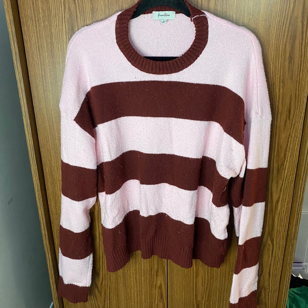 Faded Rose Sweater Womens Large Pink Burgundy Striped Crew Neck Knit Pulloverβ